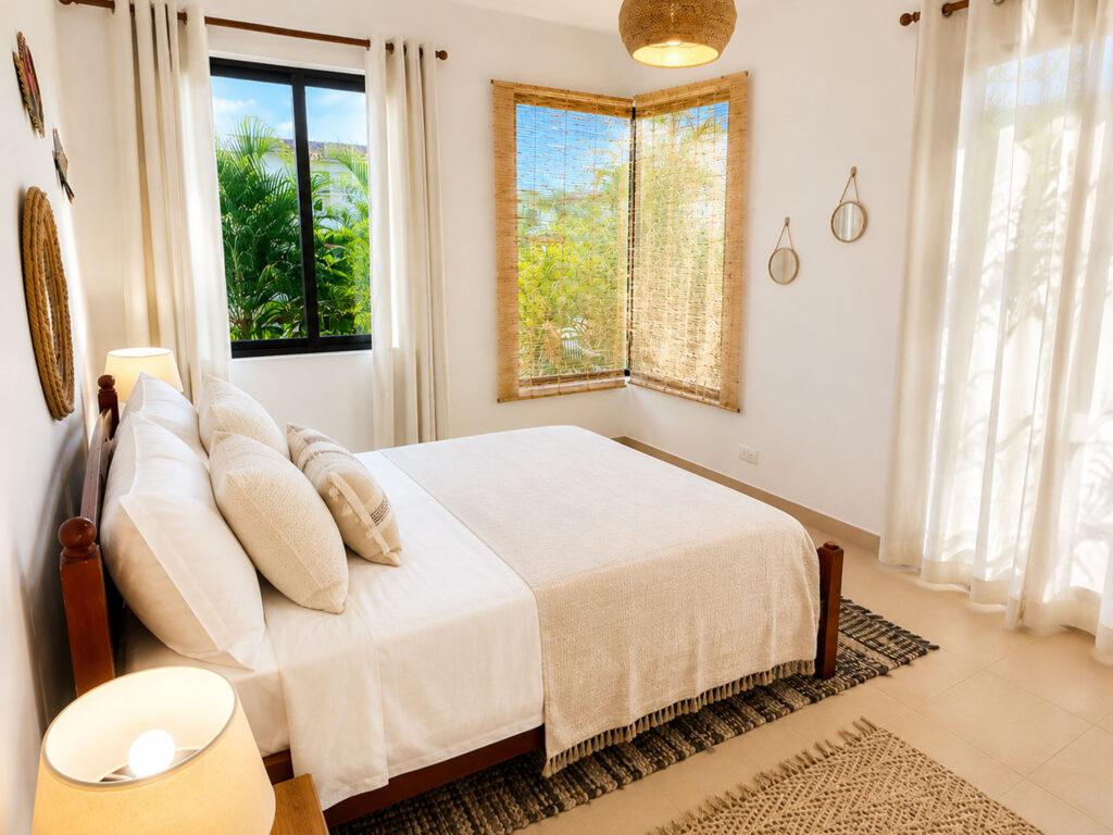 Chambre lumineuse avec lit double, draps blancs et décoration tropicale à Villa Zoli Baz, La Preneuse
