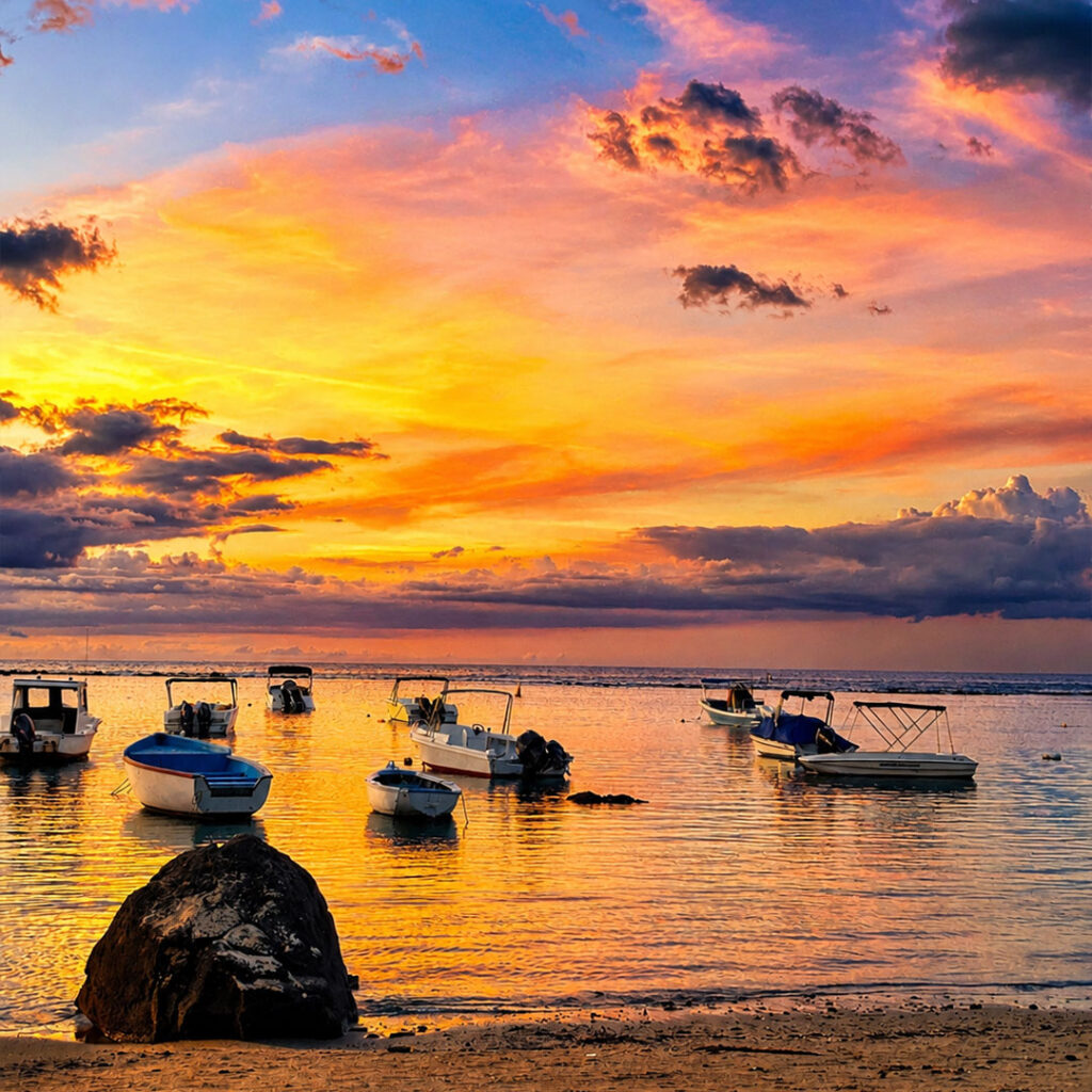 Coucher de soleil à Flic en Flac avec bateaux ancrés sur le lagon calme, ciel rose et orange, île Maurice