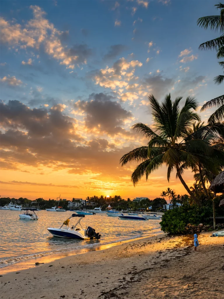 Coucher de soleil sur une plage de l’île Maurice avec palmiers, bateaux au mouillage et enfant face au lagon