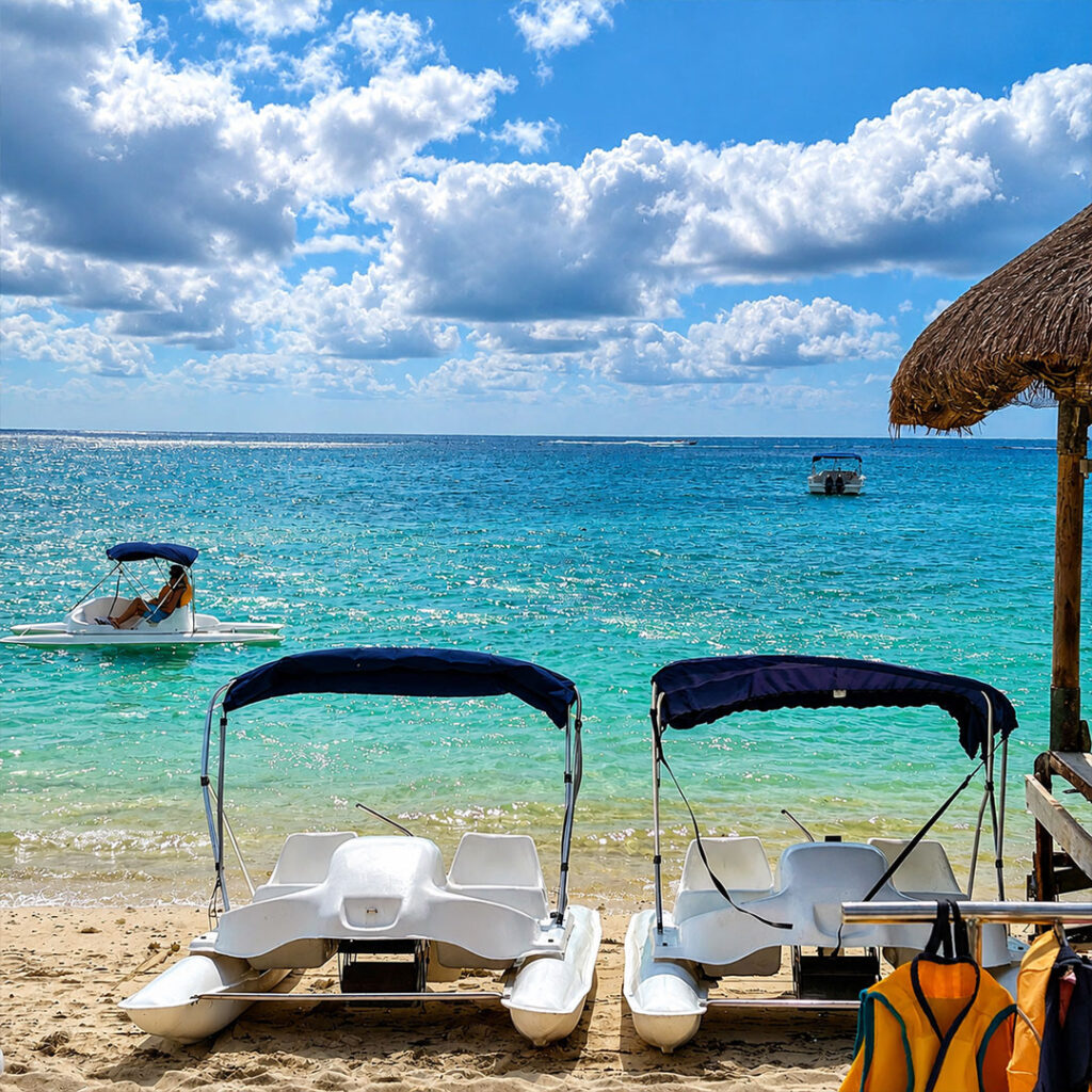 Pédalos blancs sur la plage de Flic en Flac avec lagon turquoise, ciel tropical et paillote à l’île Maurice.