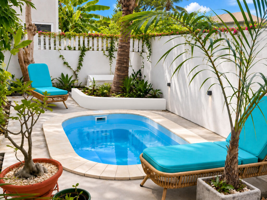 Piscine privée avec transats et jardin tropical à Villa Zoli Baz, La Preneuse