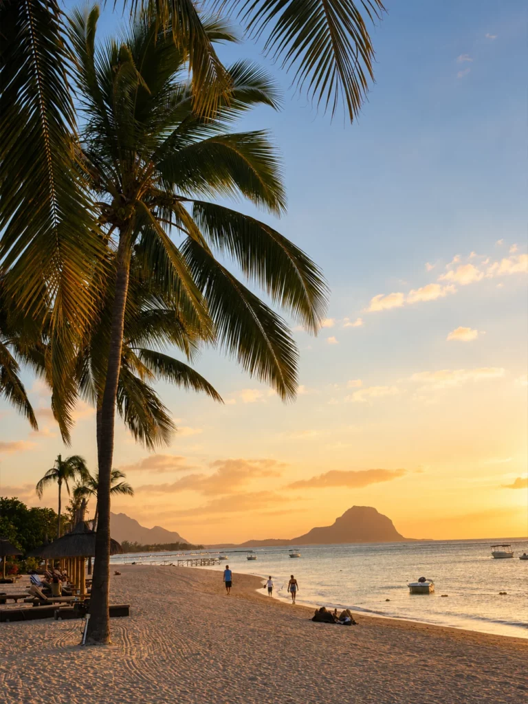 Plage publique de Flic en Flac à l’île Maurice au coucher du soleil, avec cocotiers, lagon calme et vue sur la montagne du Morne