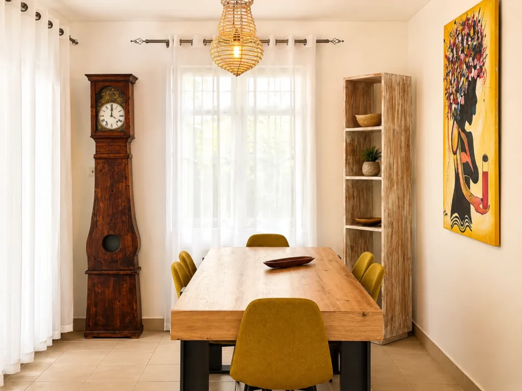 Salle à manger lumineuse de la Villa Zoli Baz à La Preneuse avec grande table en bois, chaises jaunes, suspension naturelle et décoration tropicale