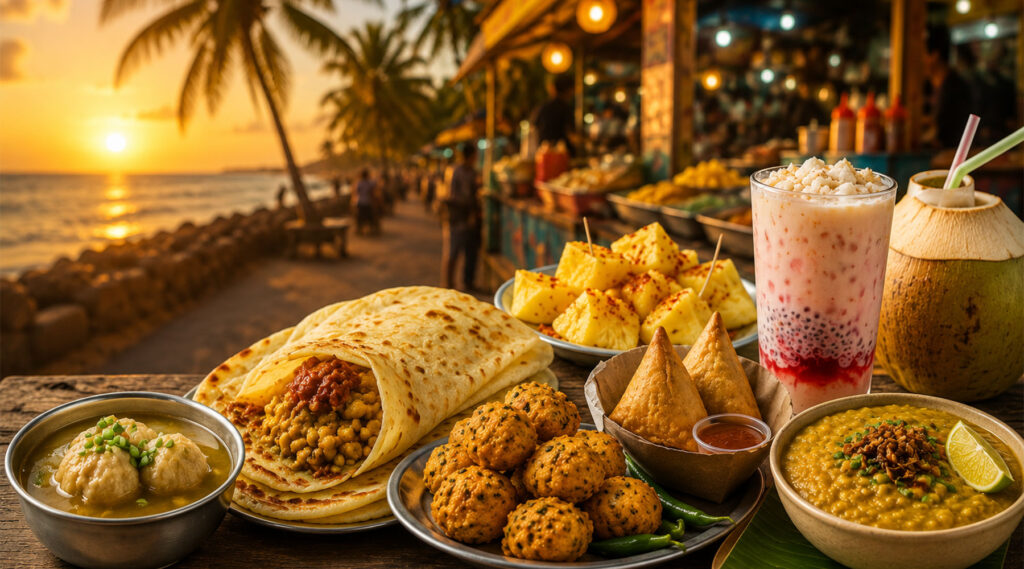 Spécialités de street food mauricienne avec dholl puri, gâteaux piments, samoussas, alouda et halim face à la plage au coucher du soleil à l'île Maurice
